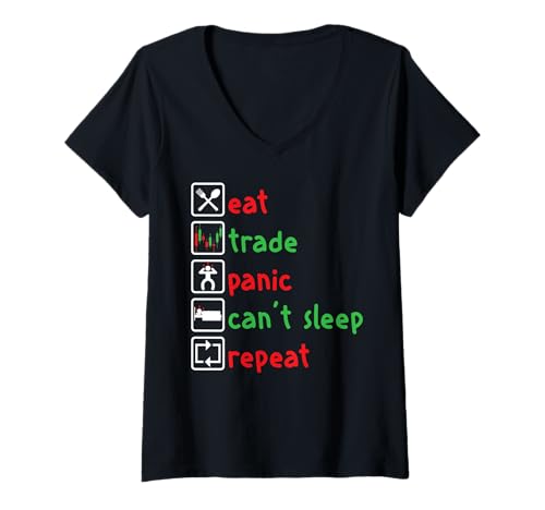 Damen Essen Traden Panik Schlaflos Erneut Börsenwitz T-Shirt mit V-Ausschnitt Damen Essen Traden Panik Schlaflos Erneut Börsenwitz T-Shirt mit V-Ausschnitt von Lustiges Börsenleben Für Aktienfreunde