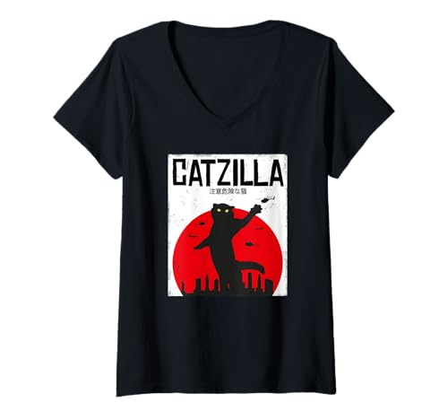 Damen Catzilla Katzen Kater Kätzchen Japan Humor Design Outfit T-Shirt mit V-Ausschnitt Damen Catzilla Katzen Kater Kätzchen Japan Humor Design Outfit T-Shirt mit V-Ausschnitt von Lustiges Catzilla Katzen Stubentiger Miezekatze