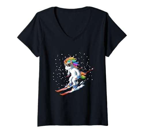 Damen Niedliches Ski-Einhorn T-Shirt mit V-Ausschnitt von Lustiges Einhorn Ski T-Shirt Frauen