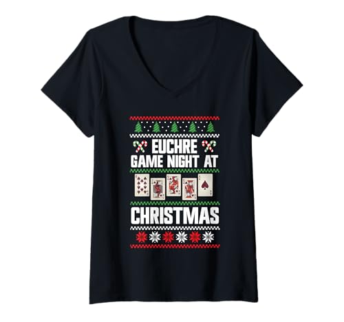 Damen Euchre Ugly Christmas Design Trick Taking Kartenspiele T-Shirt mit V-Ausschnitt Damen Euchre Ugly Christmas Design Trick Taking Kartenspiele T-Shirt mit V-Ausschnitt von Lustiges Euchre Christmas Outfit Spielabend