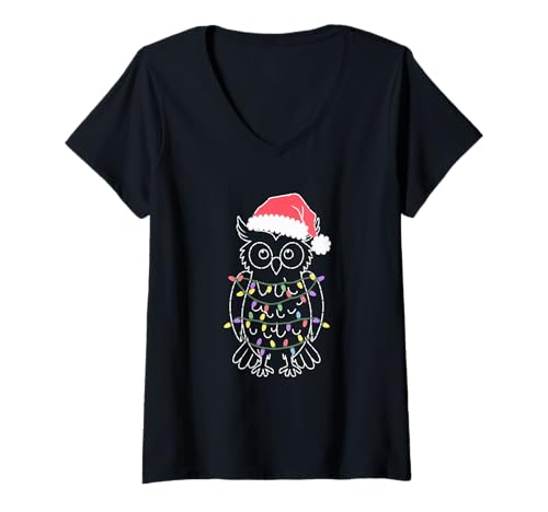 Damen Eule Lichterkette Santa Claus T-Shirt mit V-Ausschnitt von Lustiges Eule Weihnachten Clo.