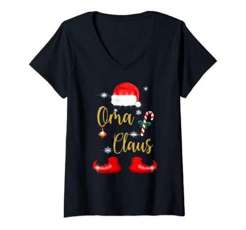 Damen Oma Claus Passendes Weihnachten Pyjama Geschenk Großmutter T-Shirt mit V-Ausschnitt von Lustiges Familie Weihnachts Geschenke