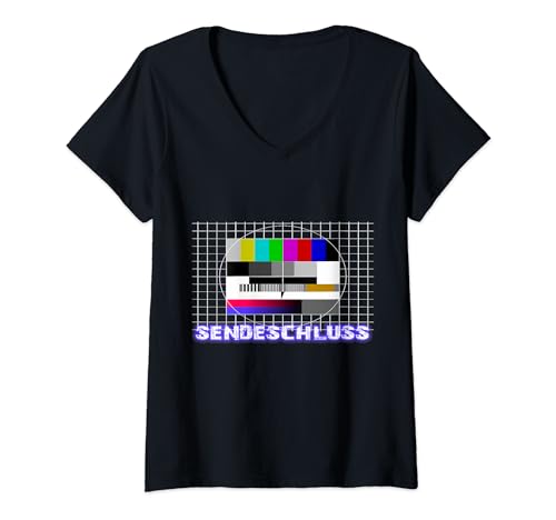 Damen Sendeschluss Testbild Retro Vintage 80er 90er Jahre TV Party T-Shirt mit V-Ausschnitt von Lustiges Farbbalken Oldschool Design Geschenk