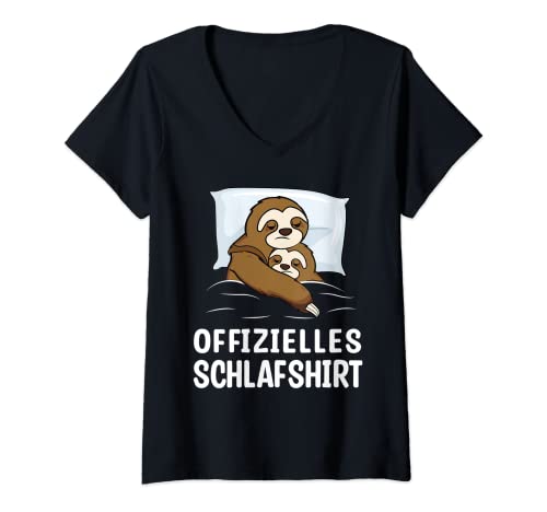 Damen Offizielles Schlafshirt Faultier Pyjama Schlafanzug T-Shirt mit V-Ausschnitt von Lustiges Faultier Nachthemd Schlafshirt