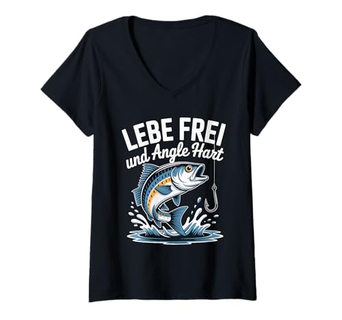 Damen Lebe frei und Angle hart - Lustiges Angeln T-Shirt mit V-Ausschnitt von Lustiges Fischer Tee