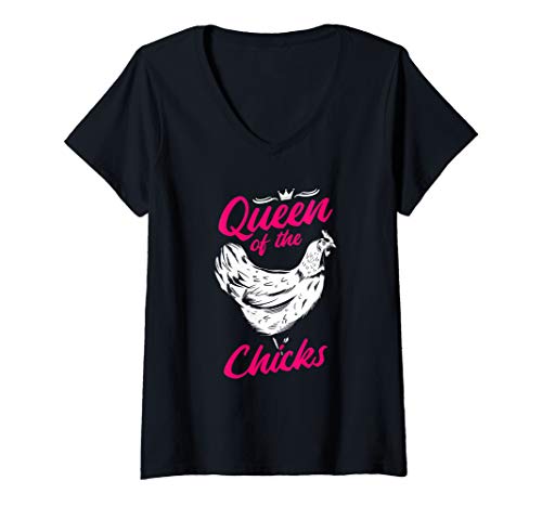 Damen "Queen of the chicks" | Huhn Hühner Hühnerflüsterin Chicken T-Shirt mit V-Ausschnitt Damen "Queen of the chicks" | Huhn Hühner Hühnerflüsterin Chicken T-Shirt mit V-Ausschnitt von Lustiges Geschenk für Landwirtin Bäuerin