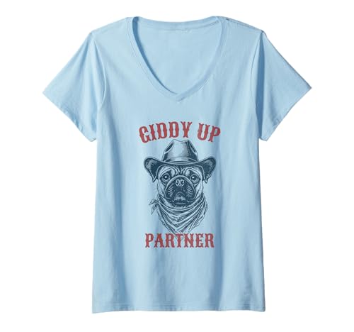 Damen Giddy Up - Rodeo/Cowboy Mops T-Shirt mit V-Ausschnitt Damen Giddy Up - Rodeo/Cowboy Mops T-Shirt mit V-Ausschnitt von Lustiges Giddy Up - Western Rodeo Cowboy Mops Hund