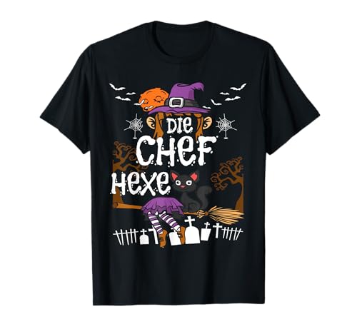 Chef Hexe auf Hexen-Besen mit Katze für Damen T-Shirt Chef Hexe auf Hexen-Besen mit Katze für Damen T-Shirt von Lustiges Grusel Halloween Hexen Party Kostüm