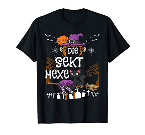 Sekt Hexe auf Hexen-Besen mit Katze für Damen T-Shirt Sekt Hexe auf Hexen-Besen mit Katze für Damen T-Shirt von Lustiges Grusel Halloween Hexen Party Kostüm