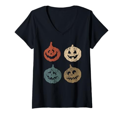 Damen Halloween Kürbis Design Outfit Horror Party Grafik Kürbisse T-Shirt mit V-Ausschnitt Damen Halloween Kürbis Design Outfit Horror Party Grafik Kürbisse T-Shirt mit V-Ausschnitt von Lustiges Halloween Gruselparty Illustration Kostüm