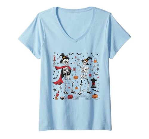 Damen Tanzende Skelette Lustige gruselige Halloween Männer Jungen T-Shirt mit V-Ausschnitt von Lustiges Halloween Skelett Tanzende Jungen Kinder