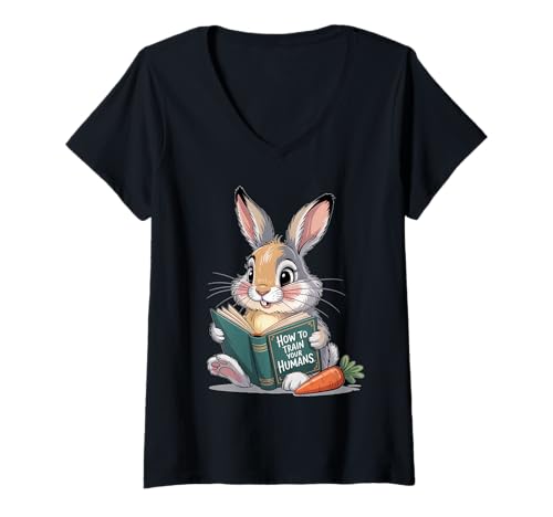 Damen Süßer Hase liest: How to Train Your Humans, perfektes humorv T-Shirt mit V-Ausschnitt Damen Süßer Hase liest: How to Train Your Humans, perfektes humorv T-Shirt mit V-Ausschnitt von Lustiges HasenDesign Buch How to Train Your Humans