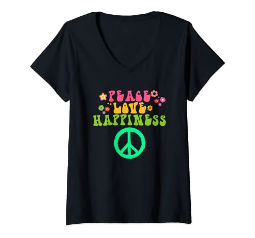 Damen Peace Love Happiness Lustige Hippie Kostüm für Damen Herren T-Shirt mit V-Ausschnitt Damen Peace Love Happiness Lustige Hippie Kostüm für Damen Herren T-Shirt mit V-Ausschnitt von Lustiges Hippie Kostüm Co.
