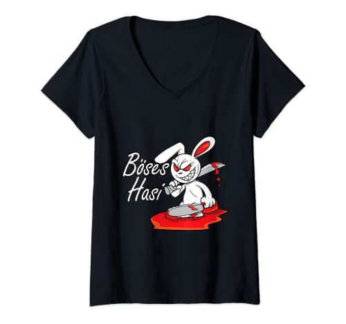 Damen Böses Horror Hasi Lustiges Hasen Spruch Oster Geschenk T-Shirt mit V-Ausschnitt Damen Böses Horror Hasi Lustiges Hasen Spruch Oster Geschenk T-Shirt mit V-Ausschnitt von Lustiges Horror Hasen Kettensäge Angst Hase
