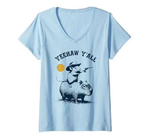 Damen Yeehaw, Y'all – Lustige Rodeo-Maus reitet auf Capybara T-Shirt mit V-Ausschnitt Damen Yeehaw, Y'all – Lustige Rodeo-Maus reitet auf Capybara T-Shirt mit V-Ausschnitt von Lustiges Howdy Cowgirl Cowboy Wild West