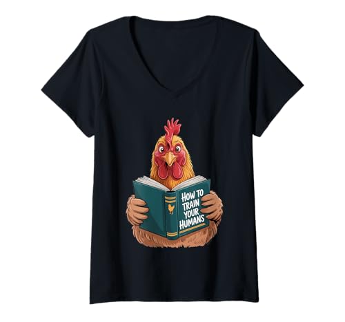 Damen Lustiges Huhn mit Buch: How to Train Your Humans, das perfek T-Shirt mit V-Ausschnitt von Lustiges Huhn mit Buch: How to Train Your Humans