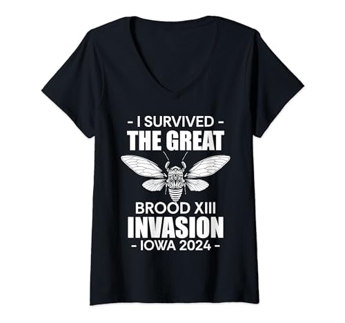 Damen I Survived The Great Brood XIII Invasion Iowa 2024 Cicada T-Shirt mit V-Ausschnitt von Lustiges Insekt Zikade Design Idee