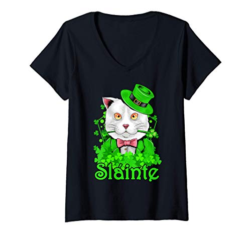 Damen Slainte Irish Cheers Irische Katze St Paddys Day T-Shirt mit V-Ausschnitt Damen Slainte Irish Cheers Irische Katze St Paddys Day T-Shirt mit V-Ausschnitt von Lustiges Irisch "Slainte" Geschenk