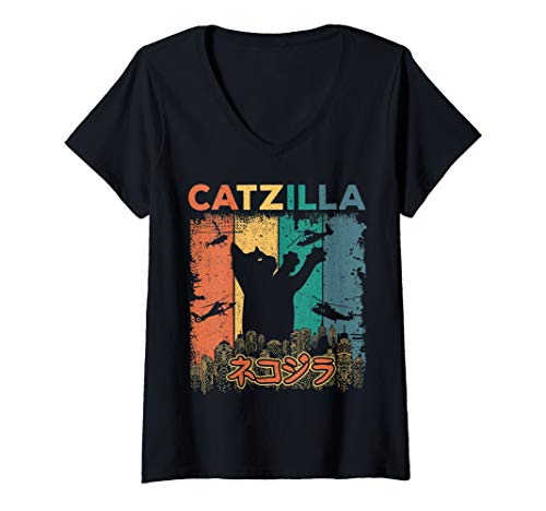 Damen Catzilla Japanische Kanji Vintage Retro Kitty Cat Lovers T-Shirt mit V-Ausschnitt Damen Catzilla Japanische Kanji Vintage Retro Kitty Cat Lovers T-Shirt mit V-Ausschnitt von Lustiges Kätzchen und Katze Designs