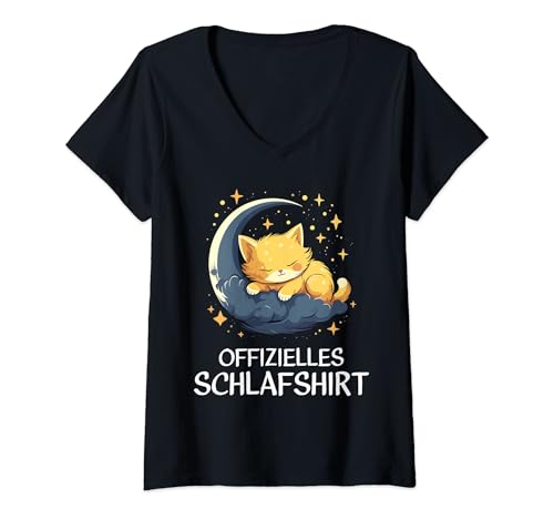 Damen Offizielles Schlafshirt Katze / Maine Coon Nachthemd Pyjama T-Shirt mit V-Ausschnitt von Lustiges Katzen / Maine Coon Schlafshirt Nachthemd
