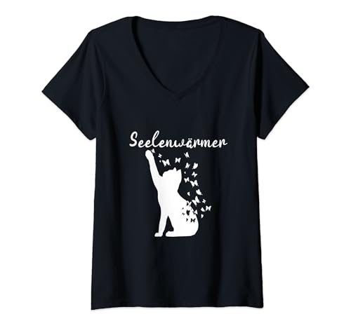 Damen Seelenwärmer Katzen Schmetterlinge T-Shirt mit V-Ausschnitt Damen Seelenwärmer Katzen Schmetterlinge T-Shirt mit V-Ausschnitt von Lustiges Katzen Katze für Frauen und Mädchen