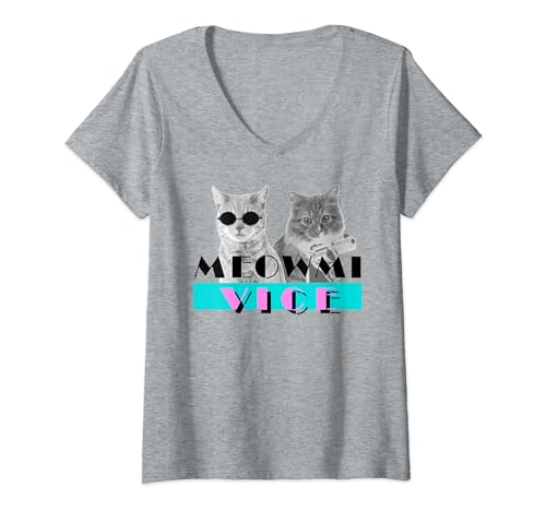 Damen Kätzchen Meowmi Vice 80s Miami lustiges Katzenliebhaber T-Shirt mit V-Ausschnitt Damen Kätzchen Meowmi Vice 80s Miami lustiges Katzenliebhaber T-Shirt mit V-Ausschnitt von Lustiges Katzen Meowmi Vice 80s Design