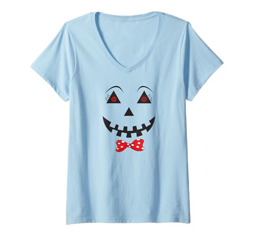 Damen Halloween Kostüm Kinder Kürbis Gesicht Kürbiskostüm T-Shirt mit V-Ausschnitt Damen Halloween Kostüm Kinder Kürbis Gesicht Kürbiskostüm T-Shirt mit V-Ausschnitt von Lustiges Kostüm Halloween Fasching Damen & Mädchen