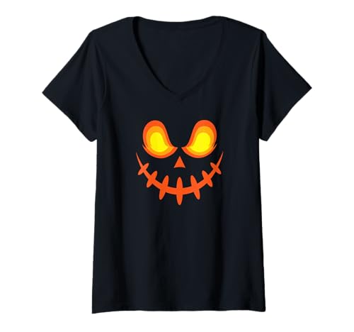 Damen Lustiges Halloween Kostüm Kürbis Gesicht Kürbis Verkleidung T-Shirt mit V-Ausschnitt von Lustiges Kostüm Halloween Fasching Karneval Kinder