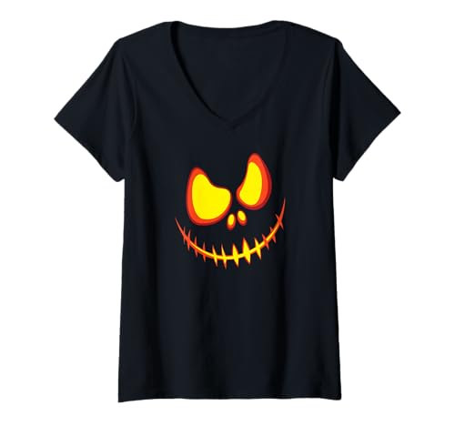Damen Lustiges Halloween Kostüm Kürbis Gesicht Kürbis Verkleidung T-Shirt mit V-Ausschnitt von Lustiges Kostüm Halloween Fasching Karneval Kinder