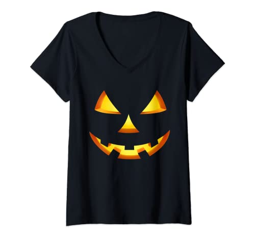 Damen Lustiges Halloween Kostüm Shirt Kürbis Gesicht T-Shirt mit V-Ausschnitt von Lustiges Kostüm Halloween Fasching Karneval