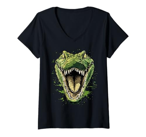 Damen Krokodil Alligator Reptilien Kroko Alligatoren Krokodile T-Shirt mit V-Ausschnitt Damen Krokodil Alligator Reptilien Kroko Alligatoren Krokodile T-Shirt mit V-Ausschnitt von Lustiges Krokodil für alle Reptil Liebhaber