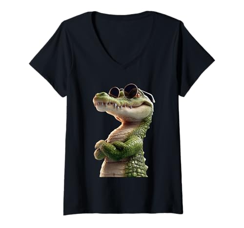 Damen Krokodil Alligator Reptilien Kroko Alligatoren Krokodile T-Shirt mit V-Ausschnitt Damen Krokodil Alligator Reptilien Kroko Alligatoren Krokodile T-Shirt mit V-Ausschnitt von Lustiges Krokodil für alle Reptil Liebhaber
