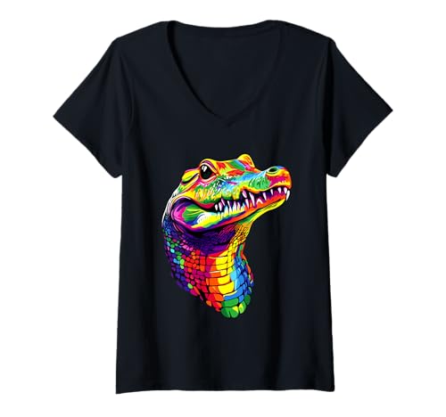 Damen Krokodil Alligator Reptilien Kroko Alligatoren Krokodile T-Shirt mit V-Ausschnitt Damen Krokodil Alligator Reptilien Kroko Alligatoren Krokodile T-Shirt mit V-Ausschnitt von Lustiges Krokodil für alle Reptil Liebhaber