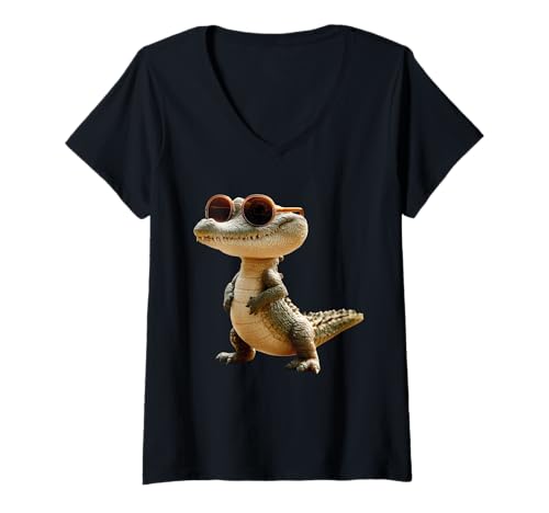 Damen Krokodil Alligator Reptilien Kroko Alligatoren Krokodile T-Shirt mit V-Ausschnitt von Lustiges Krokodil für alle Reptil Liebhaber