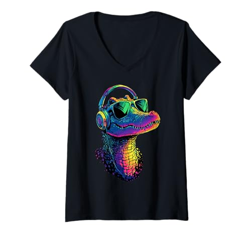 Damen Krokodil Alligator Reptilien Kroko Alligatoren Krokodile T-Shirt mit V-Ausschnitt Damen Krokodil Alligator Reptilien Kroko Alligatoren Krokodile T-Shirt mit V-Ausschnitt von Lustiges Krokodil für alle Reptil Liebhaber