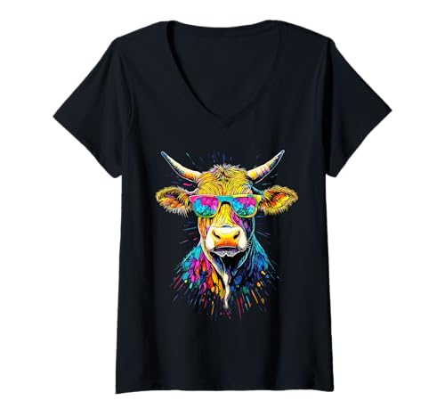 Damen Kuh Bauer Rind Milch Vegan Kalb Cow Bauernhof Süße Kühe T-Shirt mit V-Ausschnitt Damen Kuh Bauer Rind Milch Vegan Kalb Cow Bauernhof Süße Kühe T-Shirt mit V-Ausschnitt von Lustiges Kühe Motiv für Veganer und Kuh Liebhaber
