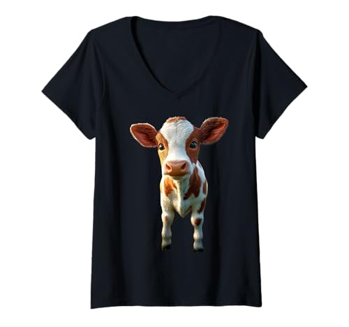 Damen Kuh Bauer Rind Milch Vegan Kalb Cow Bauernhof Süße Kühe T-Shirt mit V-Ausschnitt Damen Kuh Bauer Rind Milch Vegan Kalb Cow Bauernhof Süße Kühe T-Shirt mit V-Ausschnitt von Lustiges Kühe Motiv für Veganer und Kuh Liebhaber