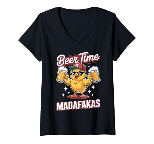 Damen Malle Party Outfit Mallorca Biertrinker Beer Time Madafakas T-Shirt mit V-Ausschnitt Damen Malle Party Outfit Mallorca Biertrinker Beer Time Madafakas T-Shirt mit V-Ausschnitt von Lustiges Küken Sauf Sprüche JGA Tees Enten Meme