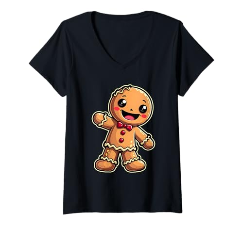 Damen Niedliches Lebkuchenmann Outfit für Süße Weihnachten Kekse T-Shirt mit V-Ausschnitt Damen Niedliches Lebkuchenmann Outfit für Süße Weihnachten Kekse T-Shirt mit V-Ausschnitt von Lustiges Lebkuchenmännchen Keks Design zum Backen