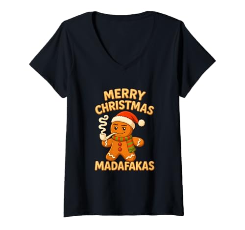 Damen Ugly Christmas Lebkuchenmann, Rauchen T-Shirt mit V-Ausschnitt Damen Ugly Christmas Lebkuchenmann, Rauchen T-Shirt mit V-Ausschnitt von Lustiges Madafakas Weihnachten Outfit Lebkuchen
