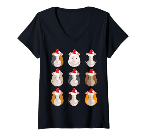 Damen Meerschweinchen Weihnachten Outfit und Haustier Design T-Shirt mit V-Ausschnitt von Lustiges Meerschweinchen Grafik Kostüm Bekleidung
