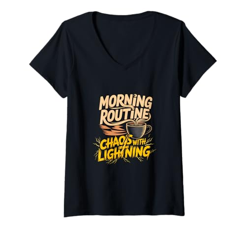 Damen Morgenroutine-Chaos mit Blitz Kaffee-Enthusiast T-Shirt mit V-Ausschnitt Damen Morgenroutine-Chaos mit Blitz Kaffee-Enthusiast T-Shirt mit V-Ausschnitt von Lustiges Morgenchaos Humor Kaffee-Liebhaber Grafik