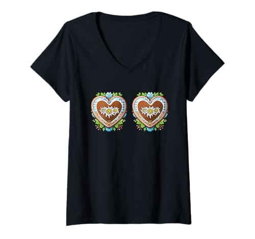 Damen Lustiges Oktoberfest Tracht Edelweiß Lebkuchenherz für Sie T-Shirt mit V-Ausschnitt von Lustiges Outfit fürs Oktoberfest