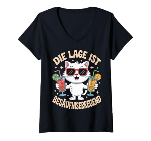 Damen Die Lage Ist Besäufniserregend Katze Humor Lustig Party T-Shirt mit V-Ausschnitt Damen Die Lage Ist Besäufniserregend Katze Humor Lustig Party T-Shirt mit V-Ausschnitt von Lustiges Party Sprüche Humor Besäufniserregend