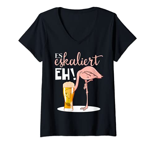 Damen Lustiges es eskaliert eh Flamingo Party Design Partycrew T-Shirt mit V-Ausschnitt Damen Lustiges es eskaliert eh Flamingo Party Design Partycrew T-Shirt mit V-Ausschnitt von Lustiges Partyoutfit ein Flamingo im Bierglas