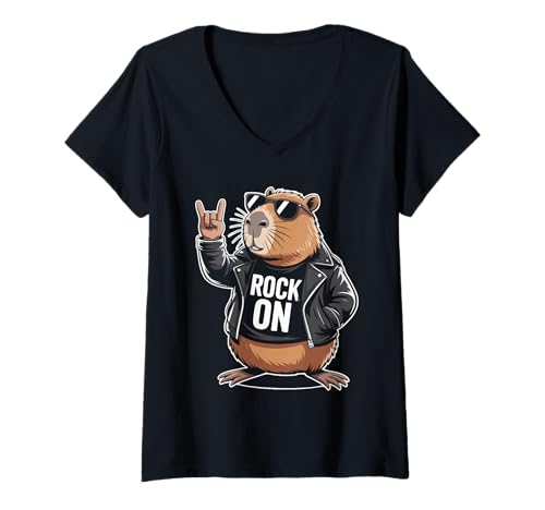 Damen Cooles Nagetier Rock On T-Shirt mit V-Ausschnitt Damen Cooles Nagetier Rock On T-Shirt mit V-Ausschnitt von Lustiges Rockmusik Nagetier Motiv