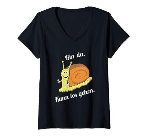 Damen "Bin da kann losgehen" Schnecken Design Fun Sprüche T-Shirt mit V-Ausschnitt von Lustiges Schnecken Design by Smilebone-Shirts