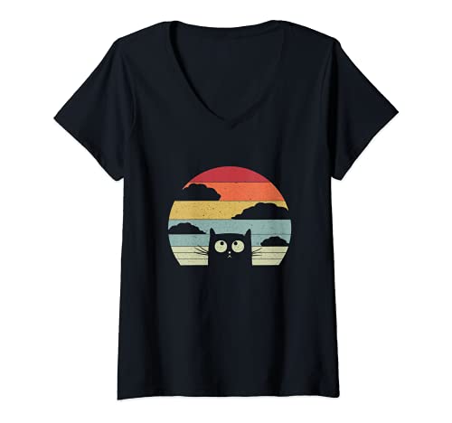 Damen Süsse Katze Sonnenuntergang Retro Vintage Funshirt Cat Fan T-Shirt mit V-Ausschnitt Damen Süsse Katze Sonnenuntergang Retro Vintage Funshirt Cat Fan T-Shirt mit V-Ausschnitt von Lustiges Shirt für Katzen Freunde und Katzenhalter