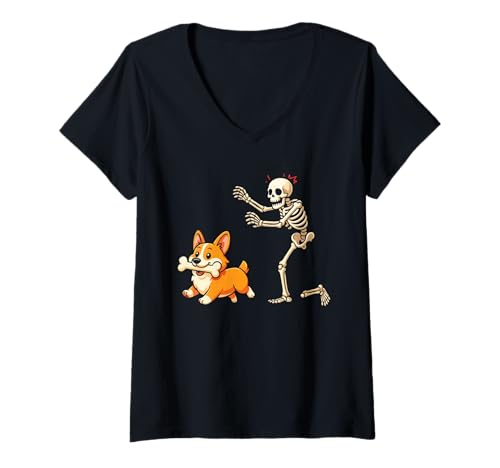 Damen Halloween Hund lustiges Skelett jagt Corgi T-Shirt mit V-Ausschnitt Damen Halloween Hund lustiges Skelett jagt Corgi T-Shirt mit V-Ausschnitt von Lustiges Skelett jagt Hund Corgi