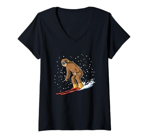 Damen Skifaultier Wintersport Weihnachten T-Shirt mit V-Ausschnitt Damen Skifaultier Wintersport Weihnachten T-Shirt mit V-Ausschnitt von Lustiges Skihemd Männer